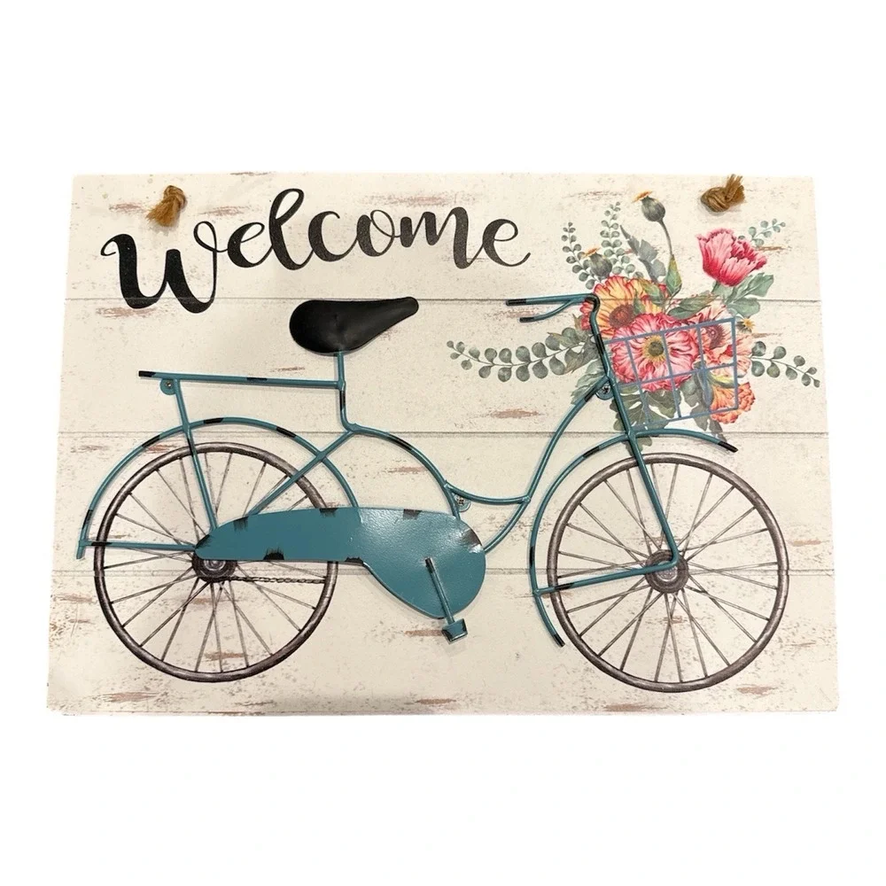 Welcome Antique Old Style Bicycle Metal and Wood Wall Art Wood Sign 15